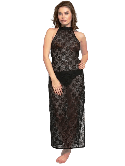 Women See-Thru Side Slit Lace Gown Night Dress with G-String