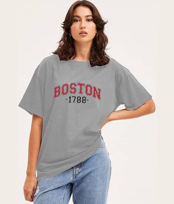 VIOUR Women Cotton Blend Printed Oversized Fit Round Neck T-Shirt ( Grey )