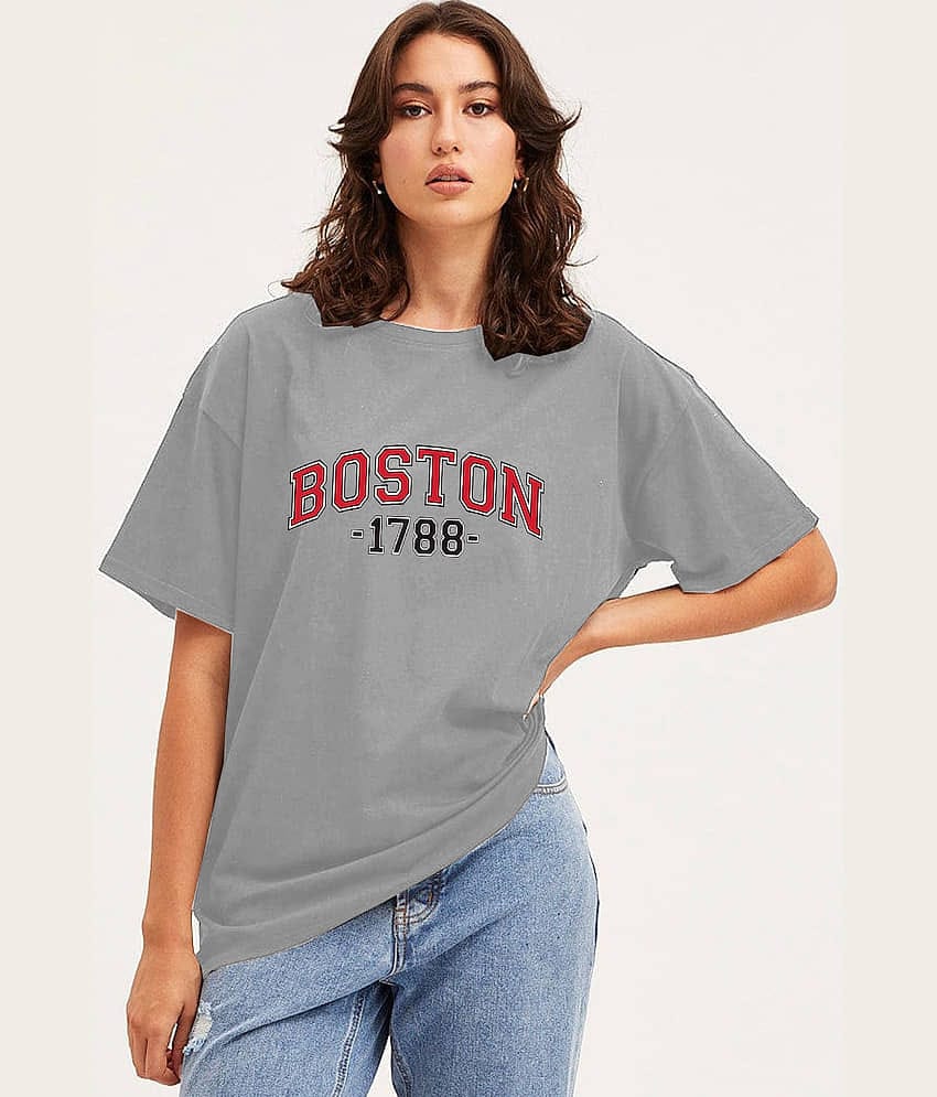VIOUR Women Cotton Blend Printed Oversized Fit Round Neck T-Shirt ( Grey )