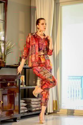 Serisha Red Raw Silk Printed T-shirt With Waistcoat And Trousers Co-Ord Set Serisha Red Raw Silk Printed T-shirt With Waistcoat And Trousers Co-Ord Set