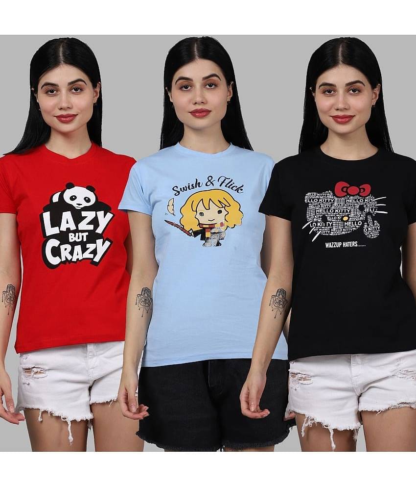 Fabflee Women Cotton Printed Regular Fit Round Neck T-Shirt ( Multicolor )