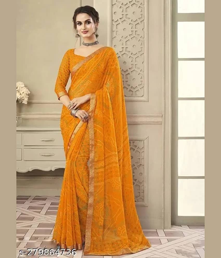 Nandini Creation Chiffon Printed Saree With Unstitched Blouse Piece ( Yellow )