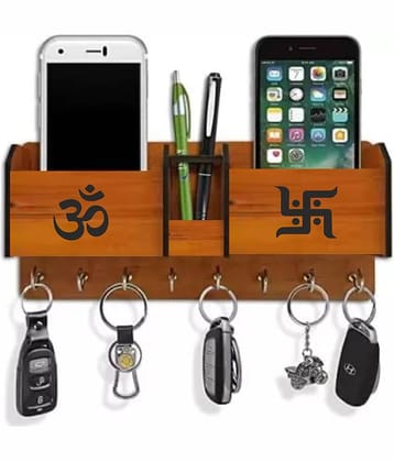 Big Boss Enterprises Om Swastic with 2 Pocket Mobile Holder, Pen Stand Wood Key Holder Stand (8 Hooks, Brown)