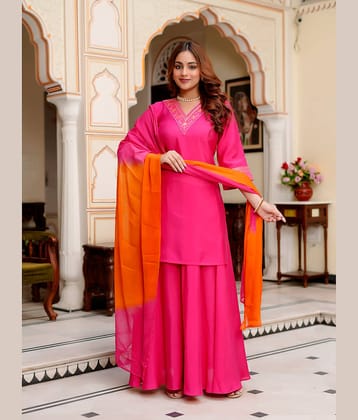 VIBE VISION Women Viscose Self Design Straight Kurti With Pants ( Pink )