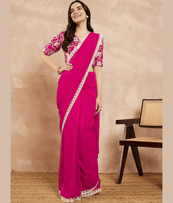 DIKONA DESIGNER Georgette Embroidered Saree With Unstitched Blouse Piece ( Lime Green )