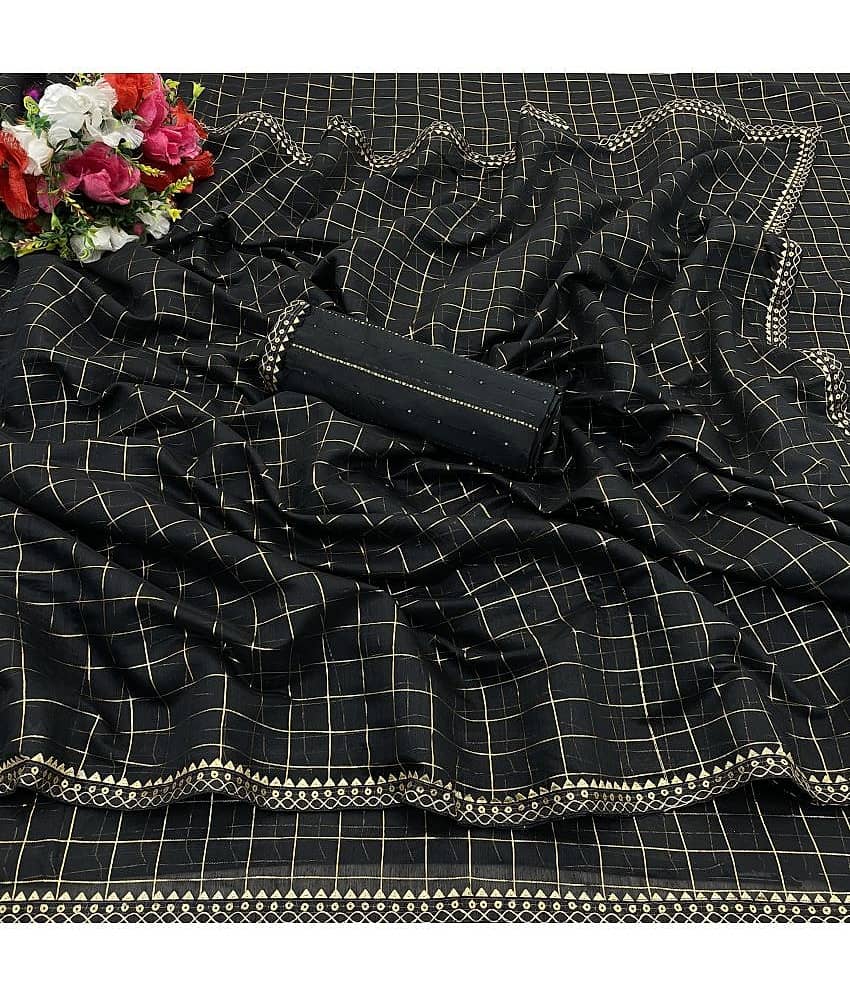 Gullak Chanderi Checks Saree With Unstitched Blouse Piece ( Black )