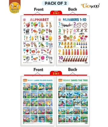 Set of 2 | 2 IN 1 ALPHABET AND NUMBER 1-10 and 2 IN 1 BENNY LEARNS TO LOVE PLANTS AND BENNY SAVES THE TREE Early Learning Educational Charts for Kids