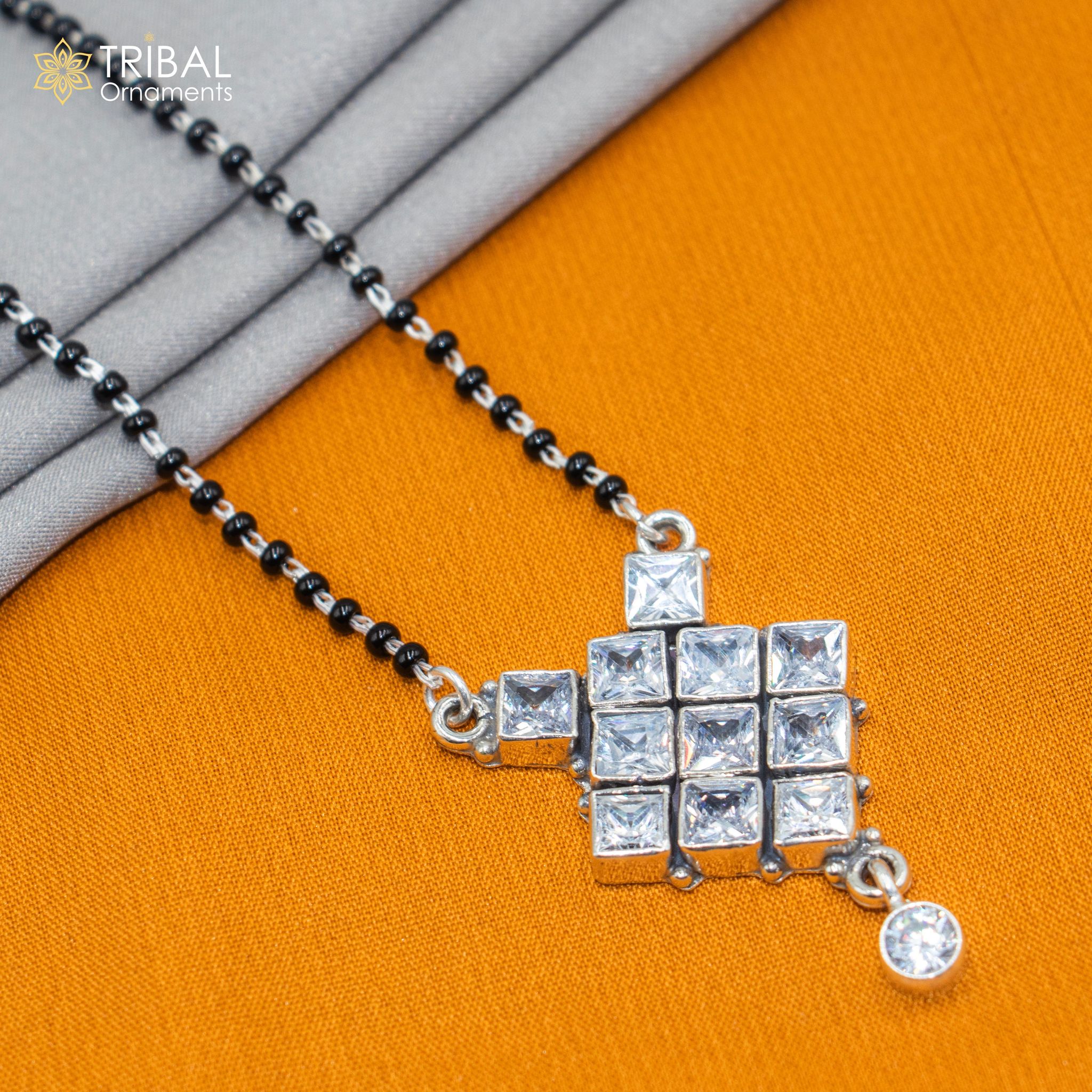 925 sterling silver black beads and white cut stone mangal sutra necklace brides Mangalsutra chunky necklace ms90-16