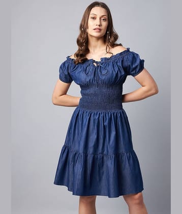 StyleStone Women Denim Solid Fit & Flare Dress ( Blue )