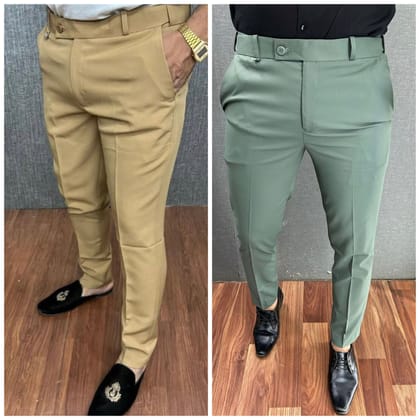 Cream & Light Green Waist Adjustable Pant Combo-28