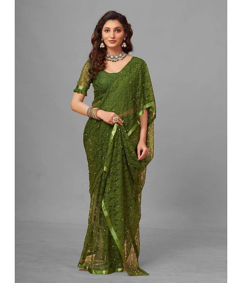 VANRAJ CREATION Brasso Self Design Saree With Unstitched Blouse Piece ( Olive )