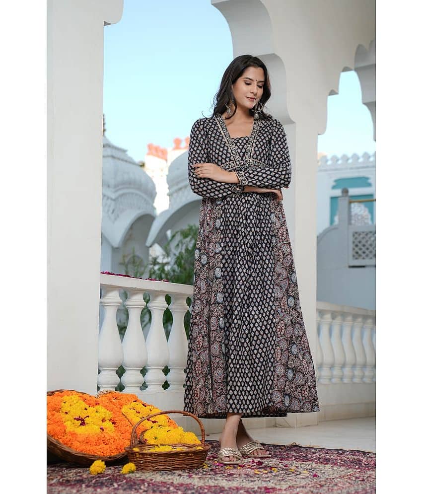 Vbuyz Cotton Printed Anarkali Women's Kurti - Black ( Pack of 1 )