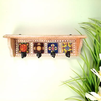Key Hooks With Wall Shelf | Key Holder Stand With Ceramic Tile Design | Floating Shelves Cum Key Hanger Organiser - For Home, Entrance, Office Decor & Gifts - 12 Inch (4 Hooks)-Light Brown