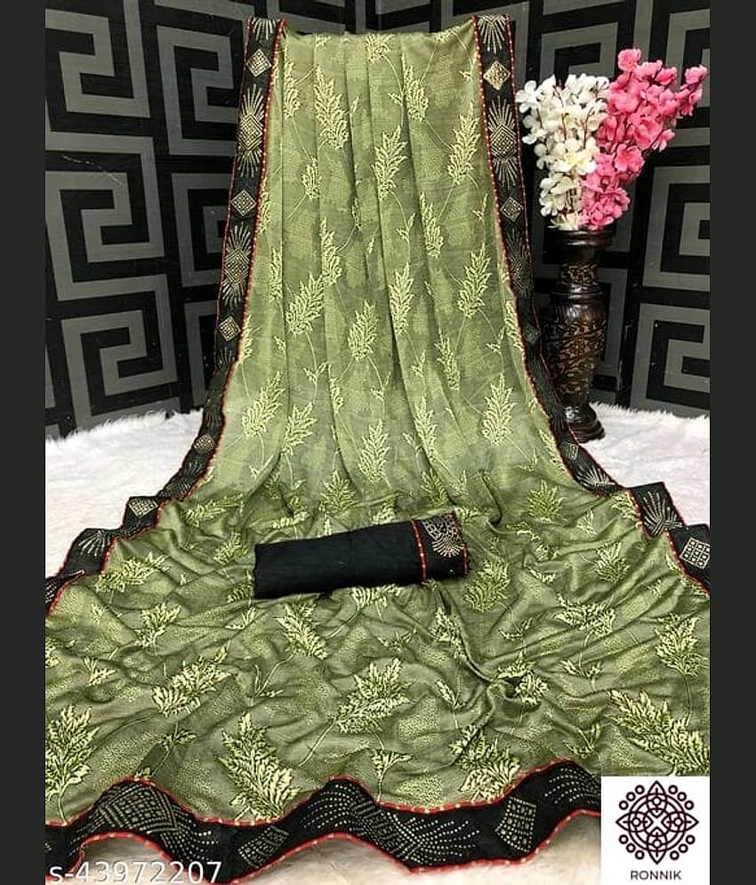 Gullak Lycra Woven Saree With Unstitched Blouse Piece ( Green )