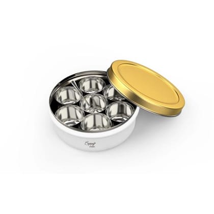 Stainless Steel Spice Box,Masala Dabba with 7 Mini Bowls & Spoon (Beige-Gold,Black-Red)