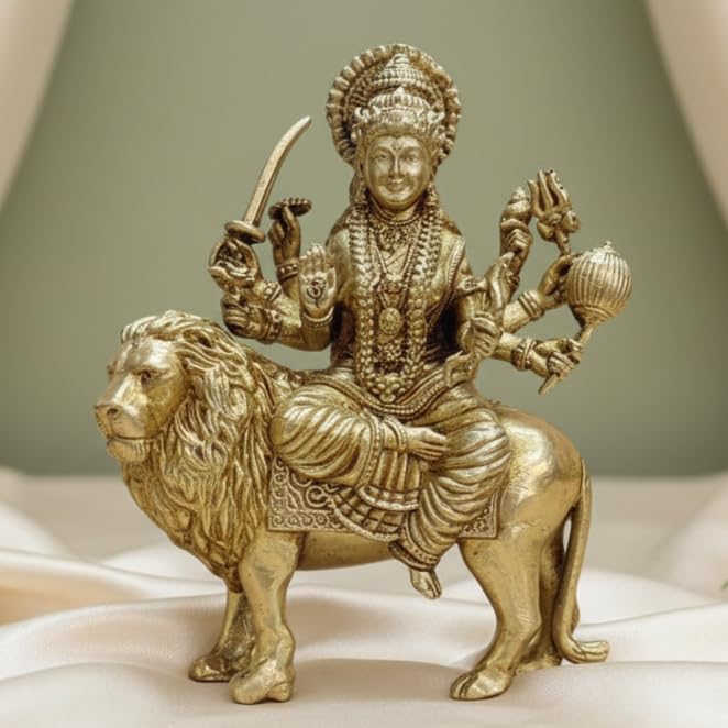 Sukh Sehaj Maa Durga Murti | Brass Murti | Handcrafted, Antique Yellow Finish, 4.0 Inch, for Home Temple, Decor, Pooja Ritual and Gifting