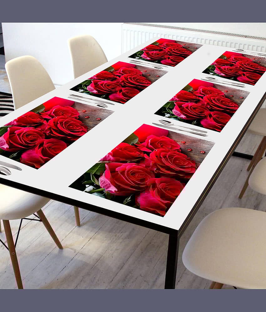 Crosmo PVC Floral Table Mats ( 45 cm x 30 cm ) Pack of 6 - Red