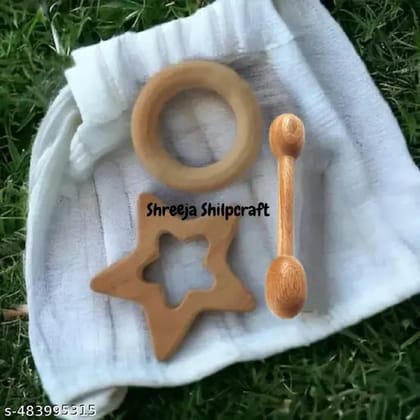 Shreeja Shilpcraft Wooden Neem Teether and Soother Choosni for 3 month to 12 months baby (Pack of 3) Star,Ring and Dumble Shape