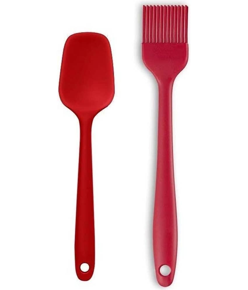 Baskety Silicone Spoon and Basting Brush Flipper Spatula Kitchen Set  ( Pack of 2,Red )