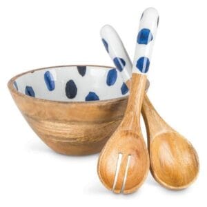Handicraft Exim Wooden Salad Bowl and Servers Set | Blue Polka Dot Interior | Handcrafted Kitchen Serveware
