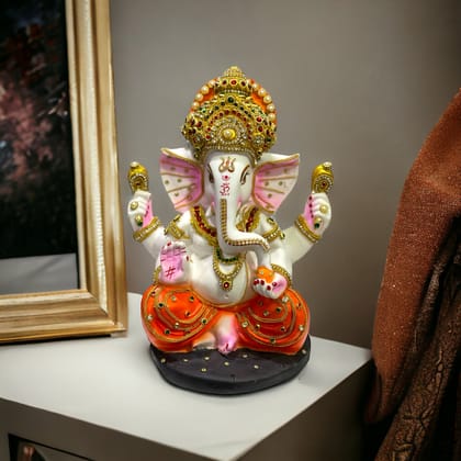 Mukut Ganesha Red Dhoti Murti Ganpati Statue Best Gift For Inauguration H- 31 cm-Composite Marble