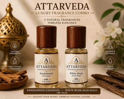 Attar Veda Sandalwood Chandan Attar 6ml + White Musk Attar 6ml | Unisex Natural Attar Combo Pack of 2