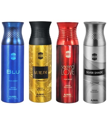 Ajmal Blu & Aurum & Sacred Love & Silver Shade Deodorant Spray For Men 200ml Pack of 4