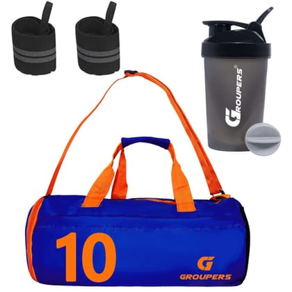 GROUPERS Combo Set of Duffle Polyester Bag with Shaker Bottle-400ml & Wrist BandlSports & Travel Bag (Blue 10)