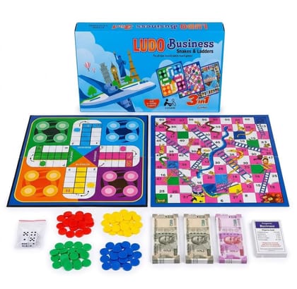 Zenex Store 3-in-1 Combo Family Board Game, Classic Ludo, Money Business & Snake Board Game Accessories - Blue