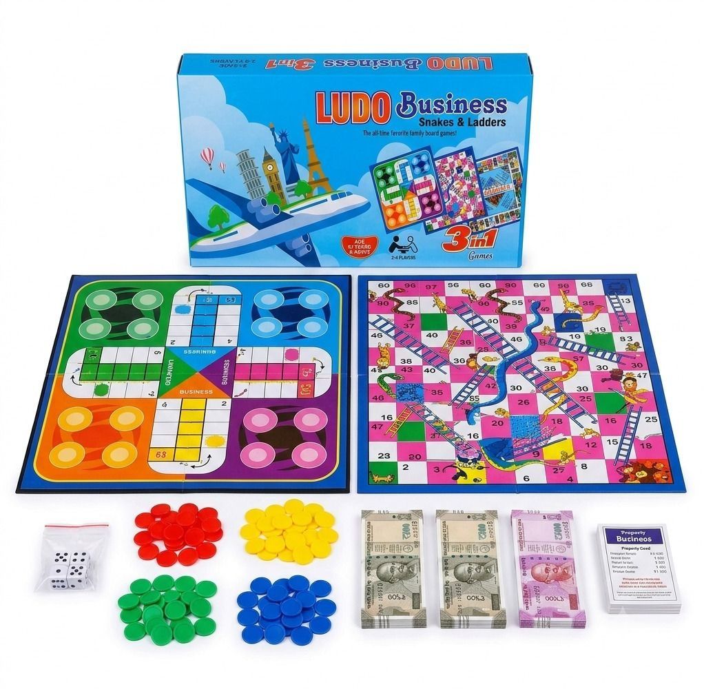 Zenex Store 3-in-1 Combo Family Board Game, Classic Ludo, Money Business & Snake Board Game Accessories - Blue