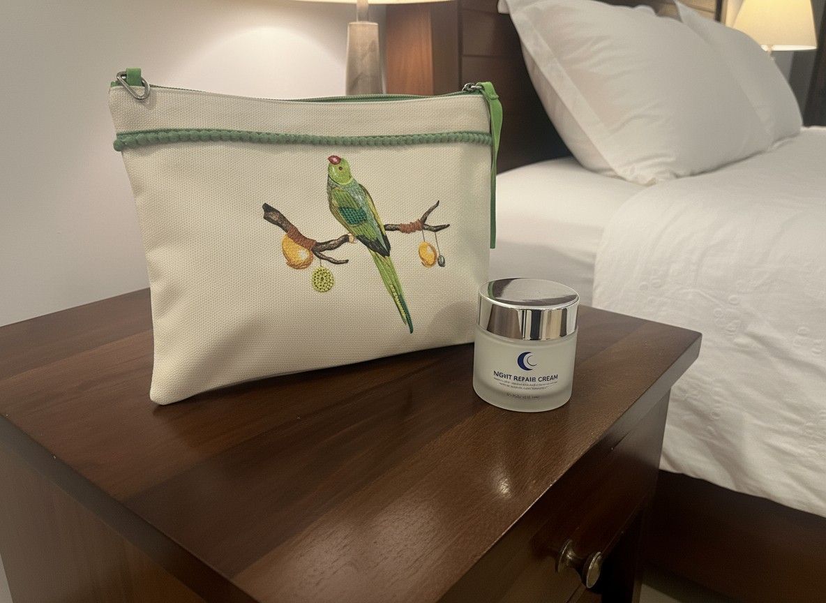 Ivvory Handcrafted Parrot Printed Utility Pouch (25cm x 18cm) | Hand Embroidered Multipurpose Organizer | Travel Accessory