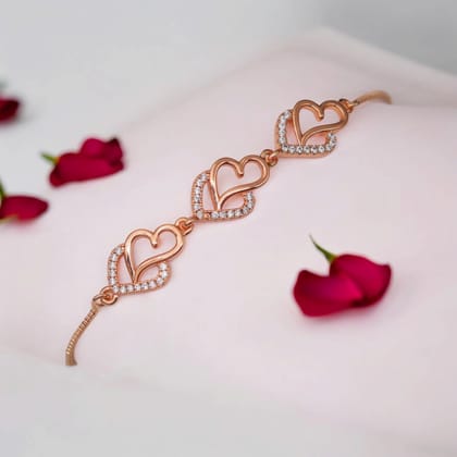 AD Studded Heart Shape Bracelet for Women, Stylish Rose Gold Plated Adjustable Bracelet, Valentine Gift for Girls-20 cm / Rose Gold / Alloy