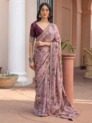 Blush Pink Pure Viscose Dola Silk Saree with Floral Print