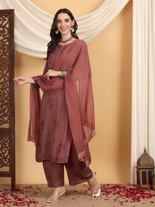 Farha Chikankari Premium Modal Co-ord Set-Brown / S