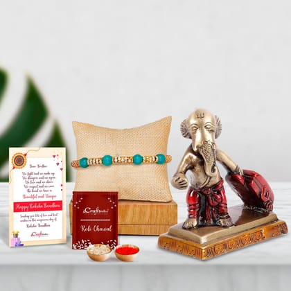 Designer Pearl Rakhi with Brass Ganesha Carrying Happiness around the world Antique Showpiece and Roli Chawal Pack, Best Wishes Greeting Card