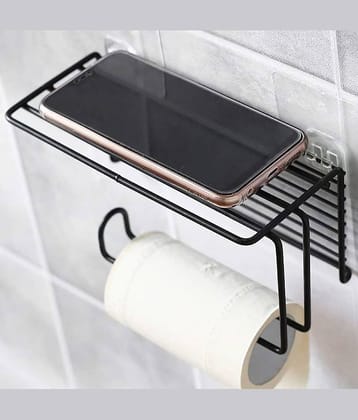 NCMART Self Adhesive Toilet Paper Holder/Tissue Paper Roll Holder with Mobile Stand/Towel Bar Hanger Storage Rack/Bathroom Accessories (Black) (Pack of 1)