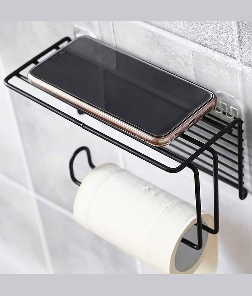 NCMART Self Adhesive Toilet Paper Holder/Tissue Paper Roll Holder with Mobile Stand/Towel Bar Hanger Storage Rack/Bathroom Accessories (Black) (Pack of 1)