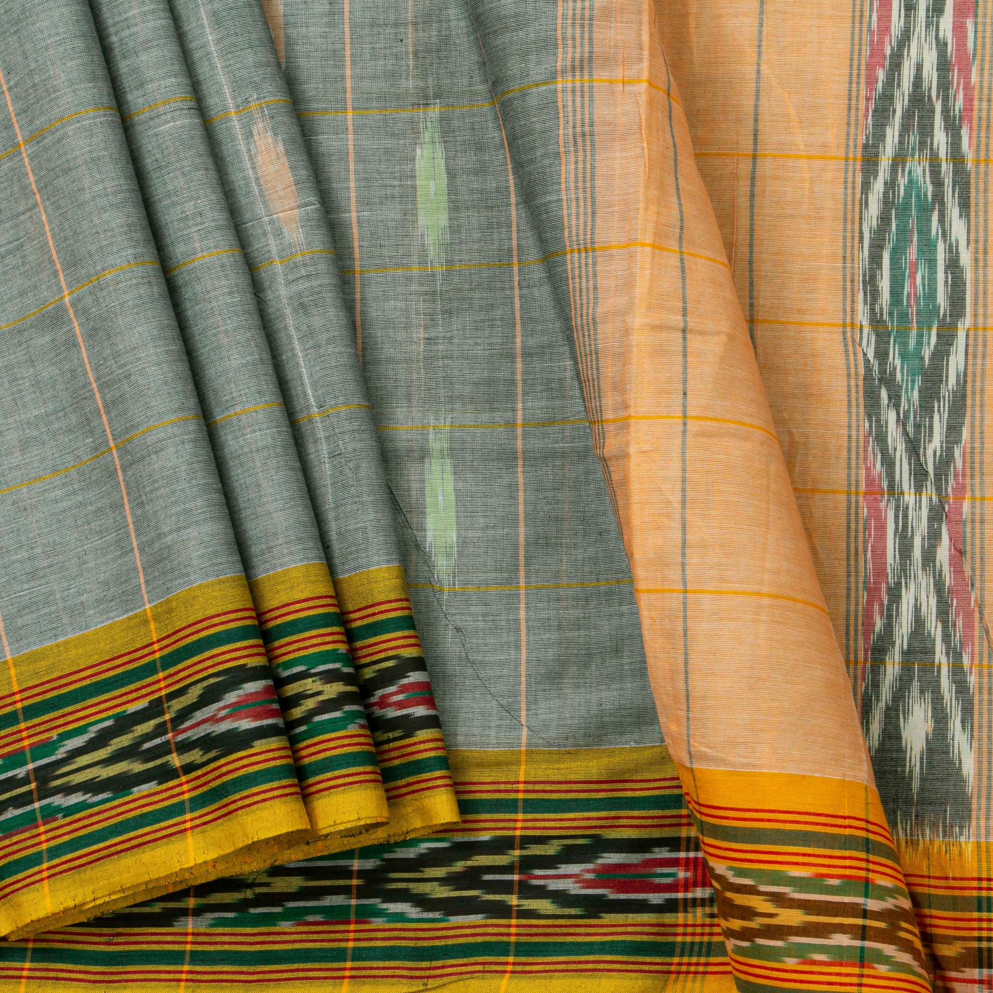 Grey And Yellow Pochampally Ikkat Cotton Saree For Office Wear PV SC 216