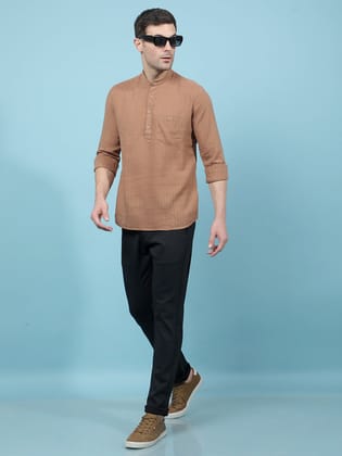Brown Vertical Stripes Linen Kurta-S / Brown