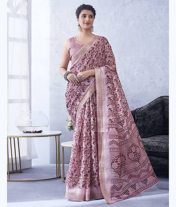 Samah Cotton Blend Printed Saree With Unstitched Blouse Piece ( Pink )
