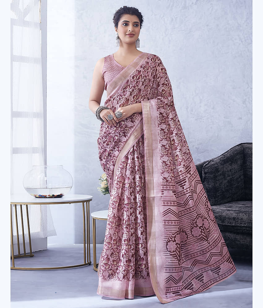 Samah Cotton Blend Printed Saree With Unstitched Blouse Piece ( Pink )