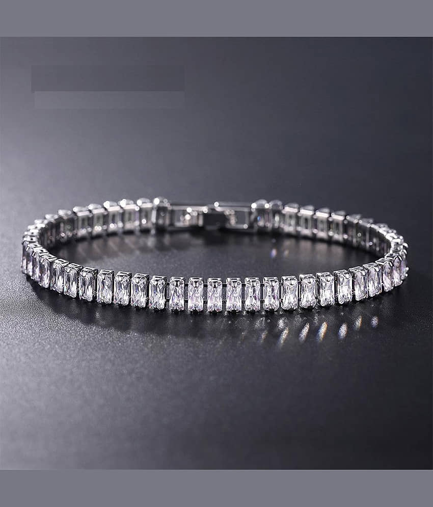 ZIVOM® Sylish Smooth Flexible Dainty Silver Baguette Cubic Zirconia American Diamond Cz Tennis Bracelet For Women Girls