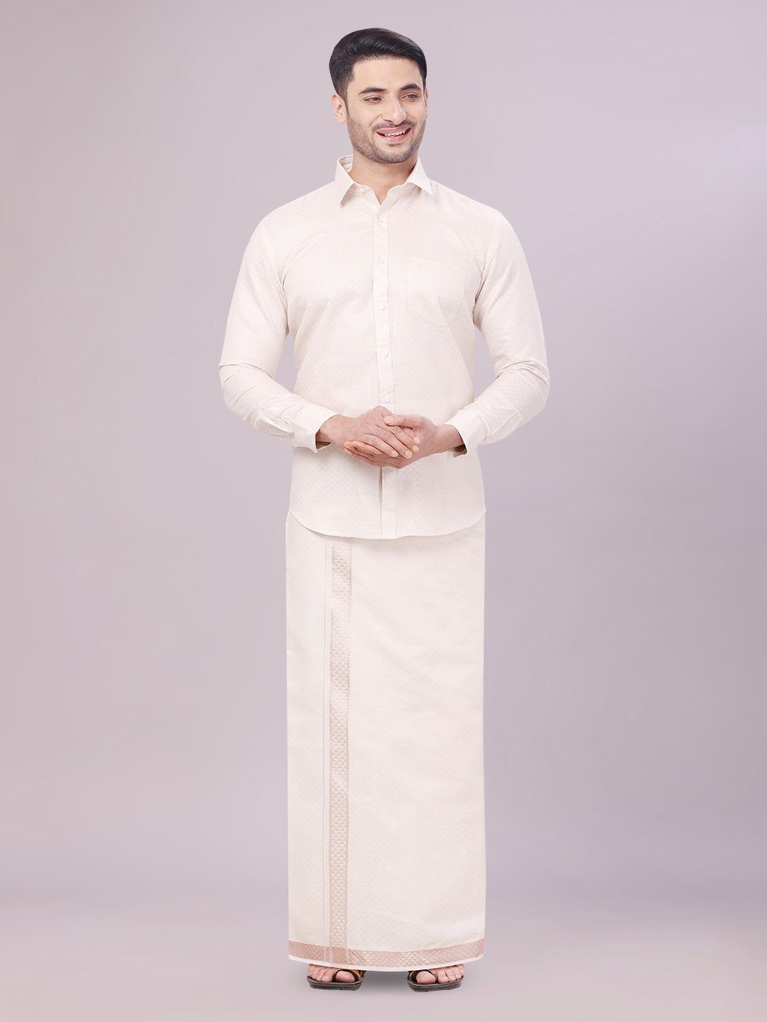 Mens Almond Tissue Jacquard Shirt with Matching Dhoti Combo Zeebra-36 / H/S / Almond