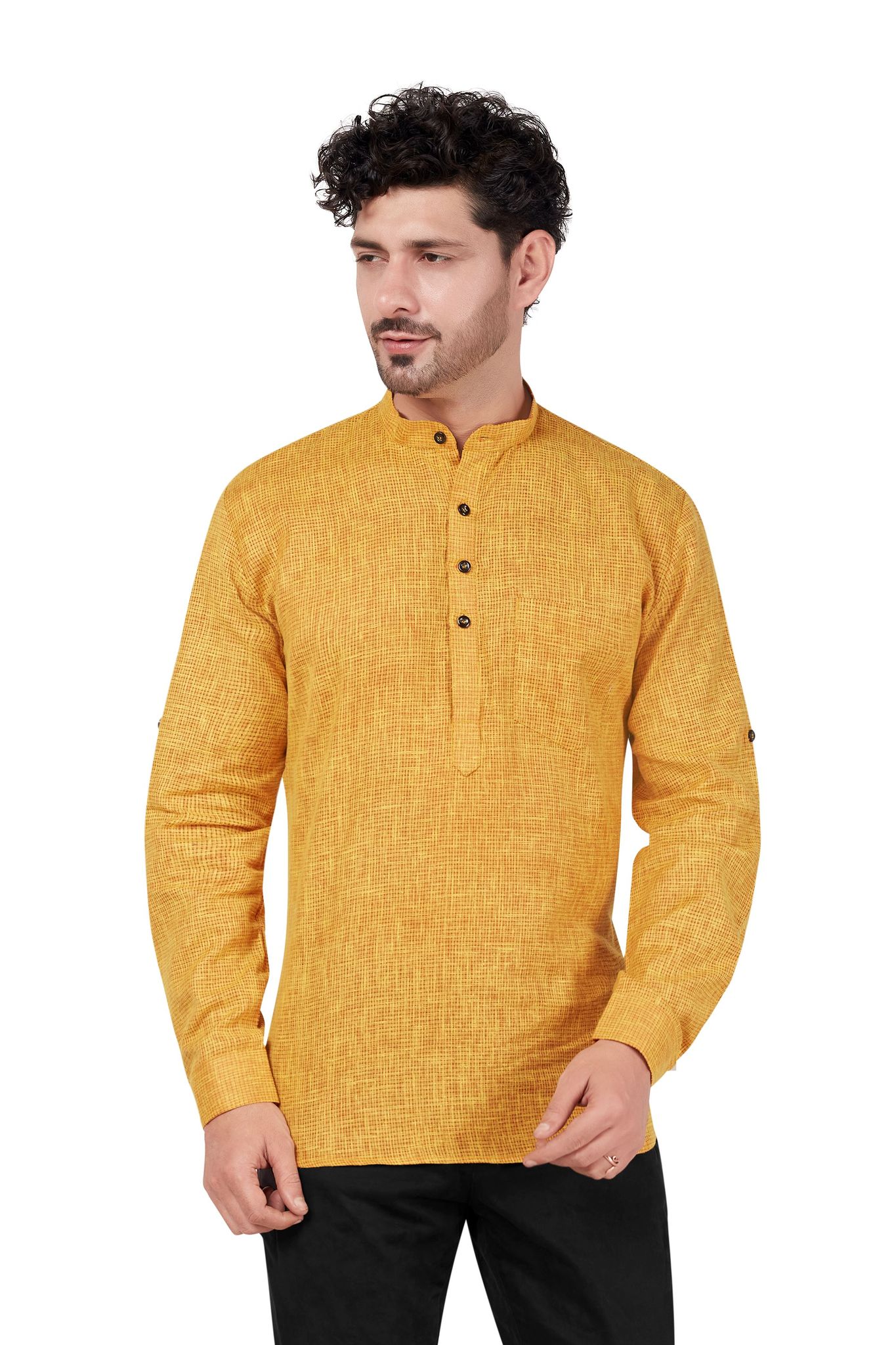 Yellow Kurta Shirt - Cotton Casual Regular Fit Mandarin/Chinese Collar