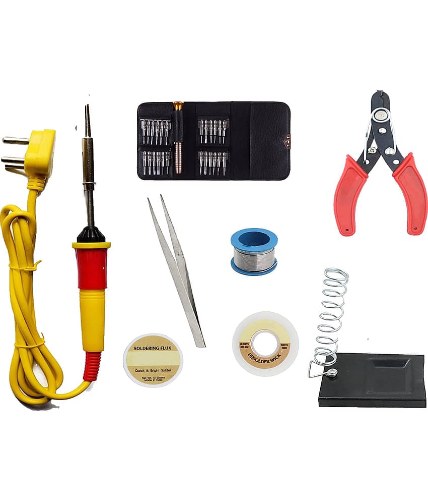 ALDECO: ( 8 in 1 ) 25 Watt Soldering Iron Kit With- Yellow Iron, Wire, Flux, Wick, Stand, Cutter, Tweezer, 25 in 1 Screw Driver