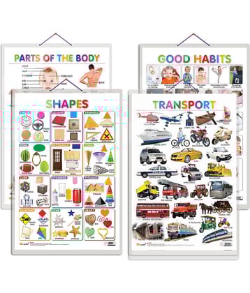 Set of 4 Shapes, Parts of the Body, Good Habits and Transport Early Learning Educational Charts for Kids | 20"X30" inch |Non-Tearable and Waterproof | Double Sided Laminated | Perfect for Homeschooling, Kindergarten and Nursery Students