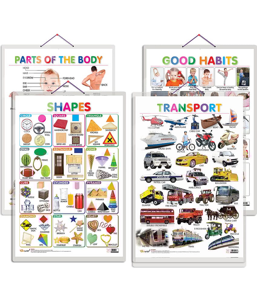 Set of 4 Shapes, Parts of the Body, Good Habits and Transport Early Learning Educational Charts for Kids | 20"X30" inch |Non-Tearable and Waterproof | Double Sided Laminated | Perfect for Homeschooling, Kindergarten and Nursery Students