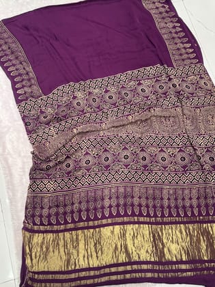 Purple Ajrakh Hand Block Modal Silk Plain Saree With Fancy Zari pallu