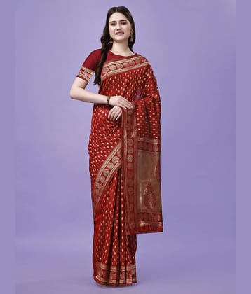 LEELAVATI Banarasi Silk Embellished Saree With Unstitched Blouse Piece ( Red )