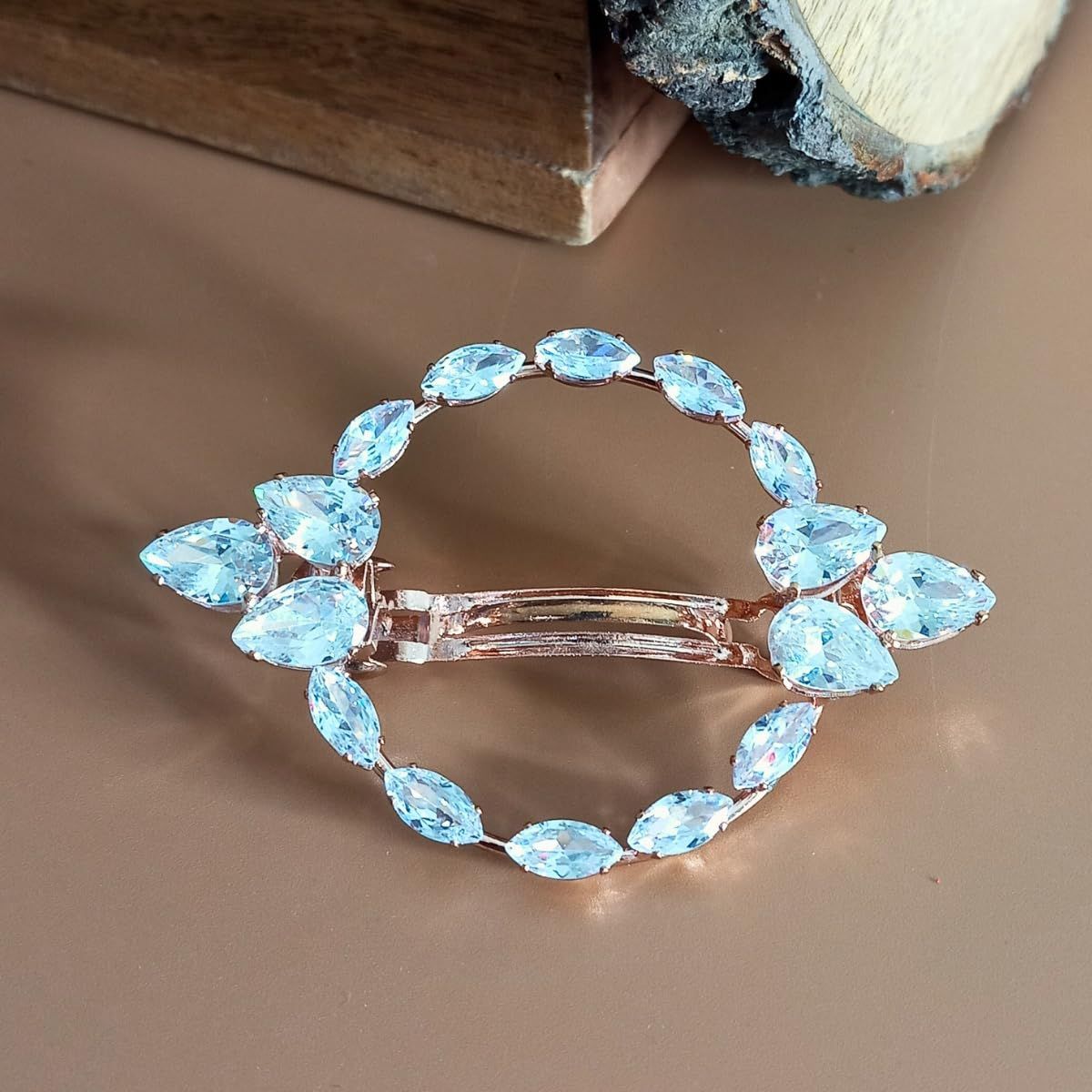Trendisia Elegant Teardrop Crystal Hair Clip  Rose Gold Round Barrette with Zircon Stones for Women & Girls